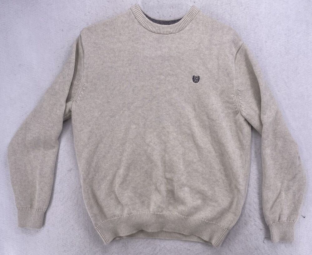 Chaps Men Large Beige Cotton Knit Crewneck Sweater Embroidered Crest Logo 631K00